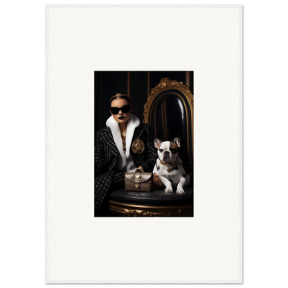 Stylish black winter coat with white fur trim and a French Bulldog in Nocturnal Bohemian Dialogue