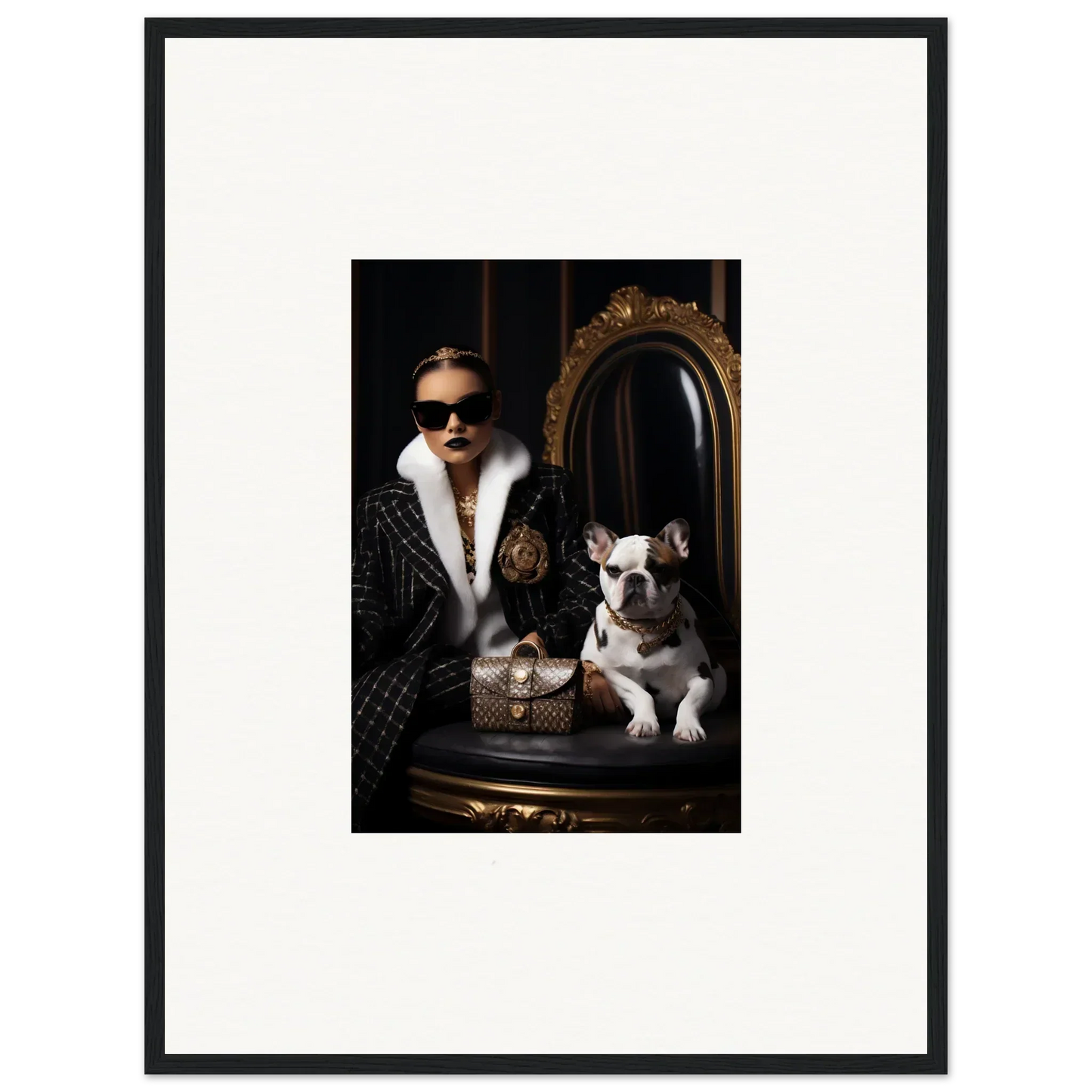 Framed black and white photo of chic person with bulldog in Nocturnal Bohemian Dialogue