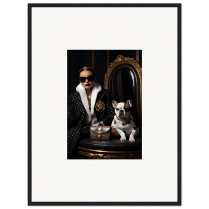 Framed black and white photo of chic person with bulldog in Nocturnal Bohemian Dialogue