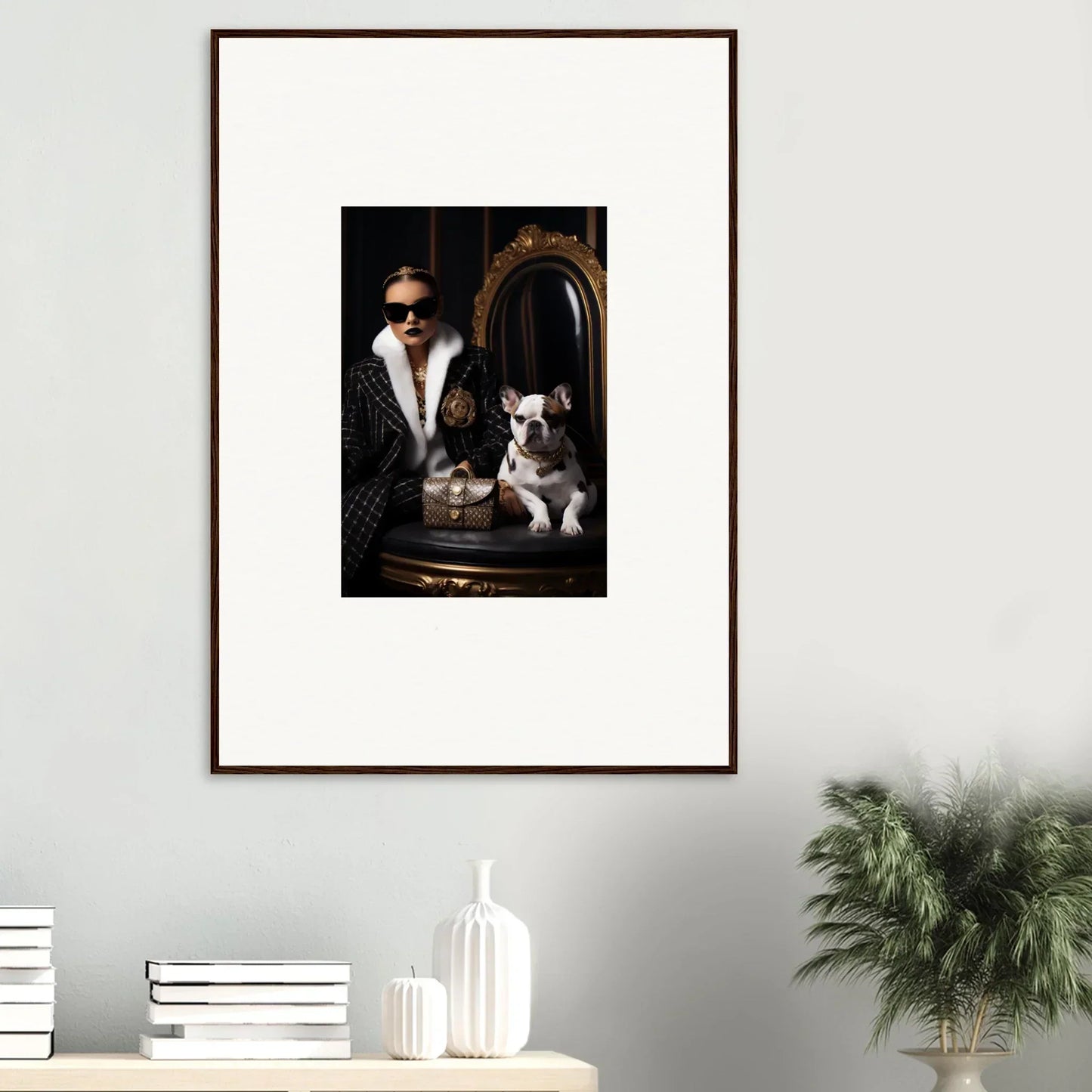 Framed portrait of a stylish person in sunglasses with two dogs, part of Nocturnal Bohemian Dialogue