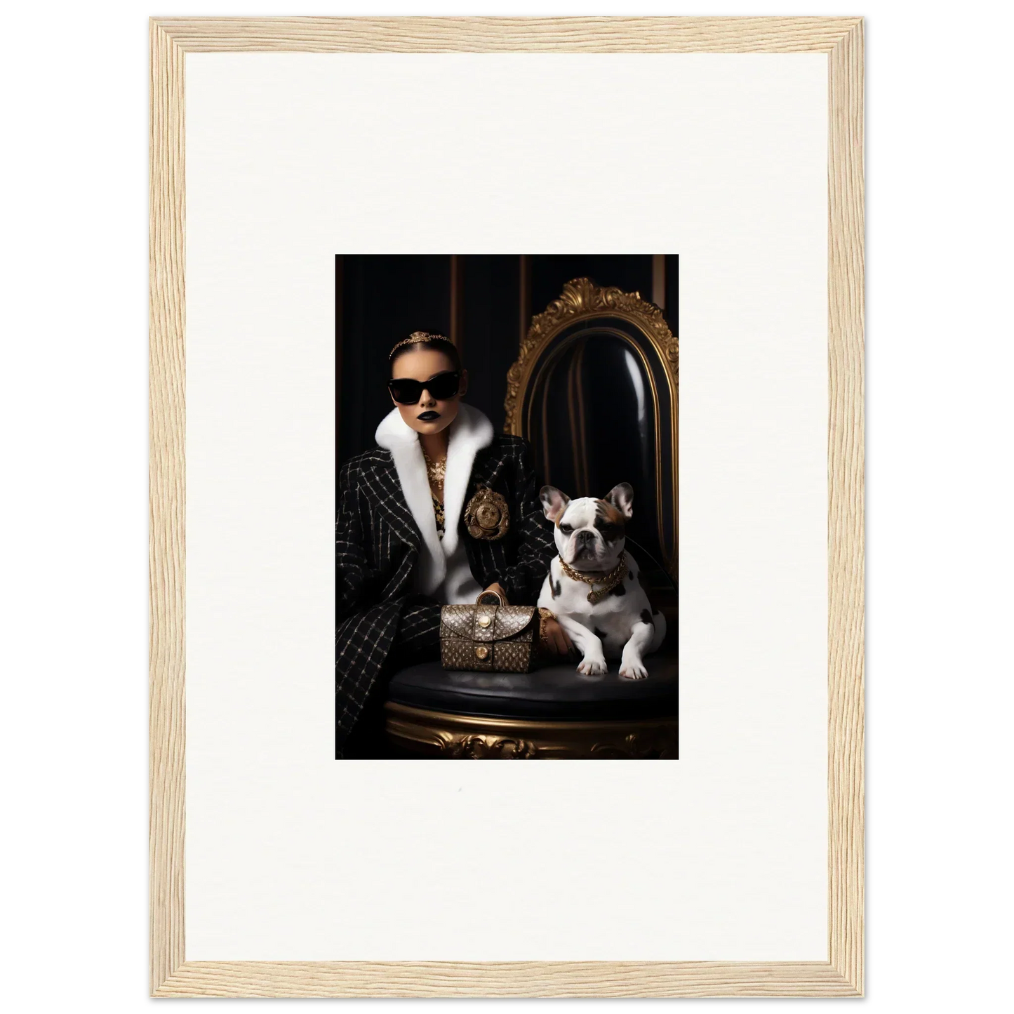 Framed photo of a chic person in sunglasses with a French Bulldog in Nocturnal Bohemian Dialogue