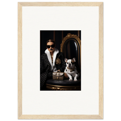 Framed photo of a chic person in sunglasses with a French Bulldog in Nocturnal Bohemian Dialogue