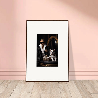 Framed art of a stylish person in sunglasses and fur coat with dogs, Nocturnal Bohemian Dialogue