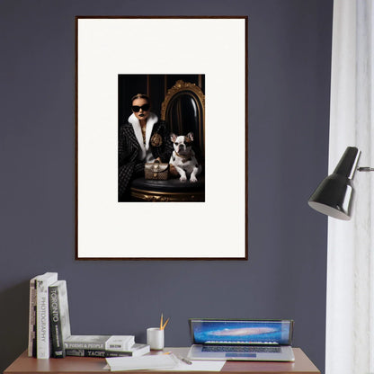 Framed black and white photo of a stylish person with sunglasses and a French Bulldog in Nocturnal Bohemian Dialogue