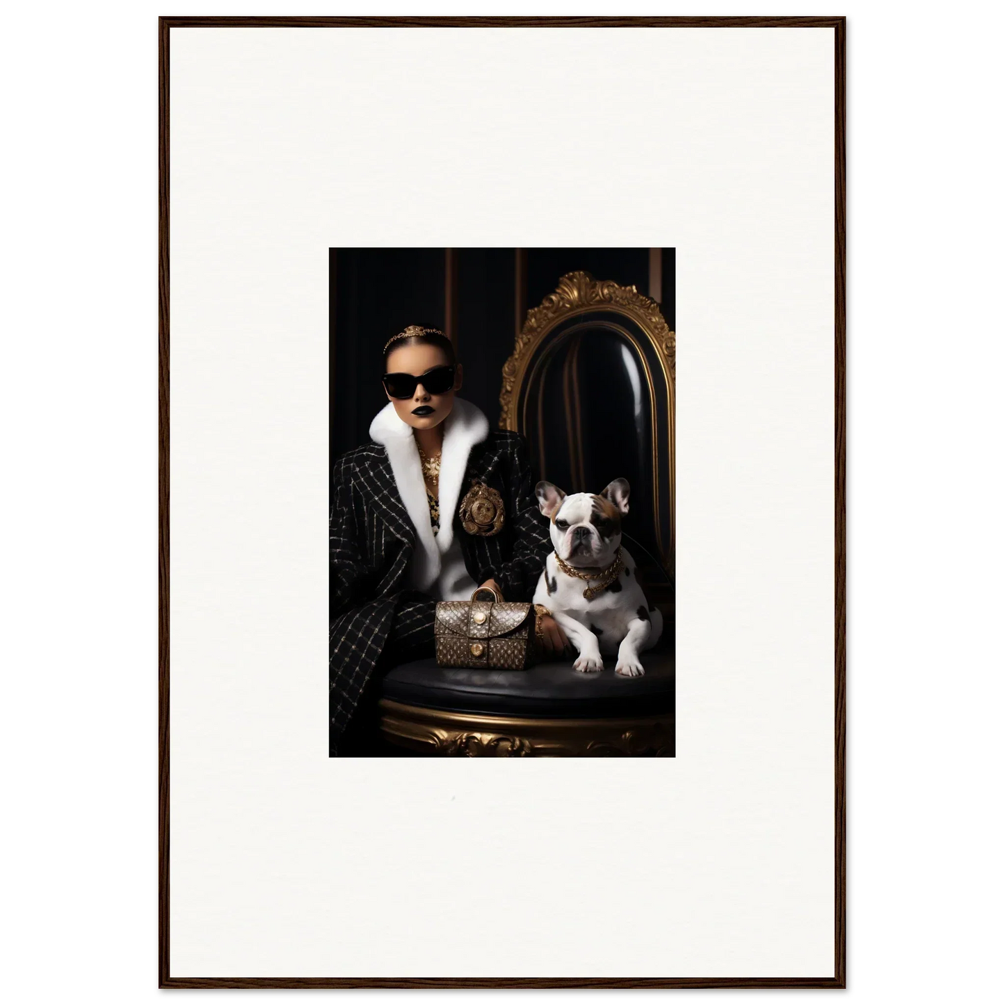 Framed portrait of a stylish person in fur coat and sunglasses with a French Bulldog, Nocturnal Bohemian Dialogue