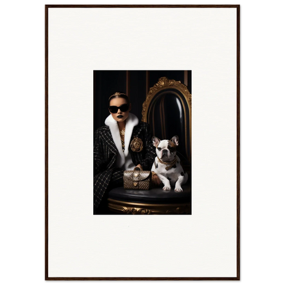 Framed portrait of a stylish person in fur coat and sunglasses with a French Bulldog, Nocturnal Bohemian Dialogue