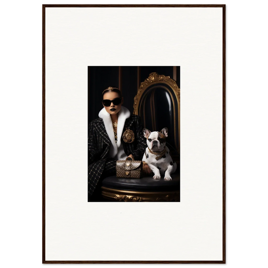 Framed portrait of a stylish person in fur coat and sunglasses with a French Bulldog, Nocturnal Bohemian Dialogue