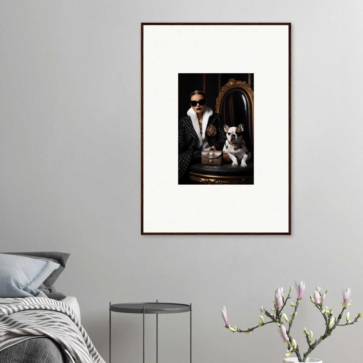 Framed portrait of a person and French Bulldog in Nocturnal Bohemian Dialogue art