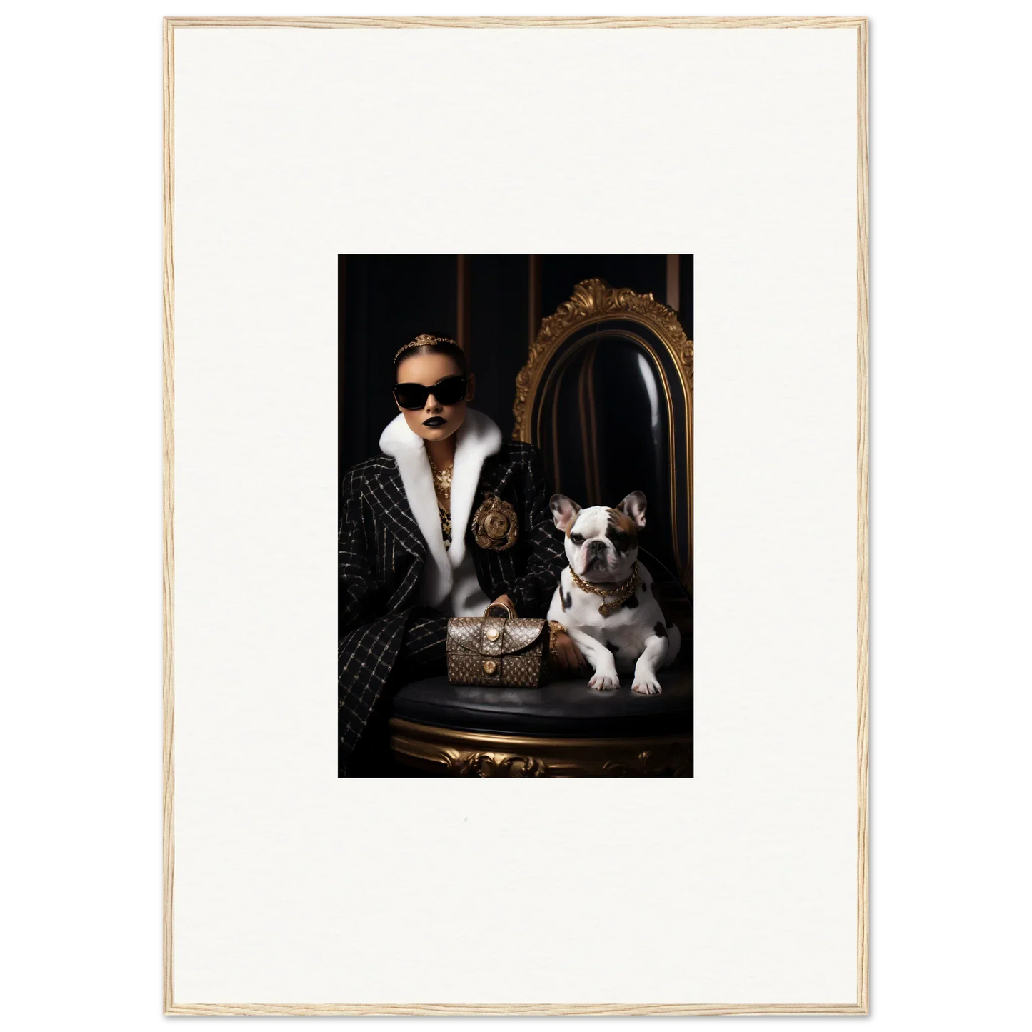 Framed portrait of a stylish person and French Bulldog in Nocturnal Bohemian Dialogue