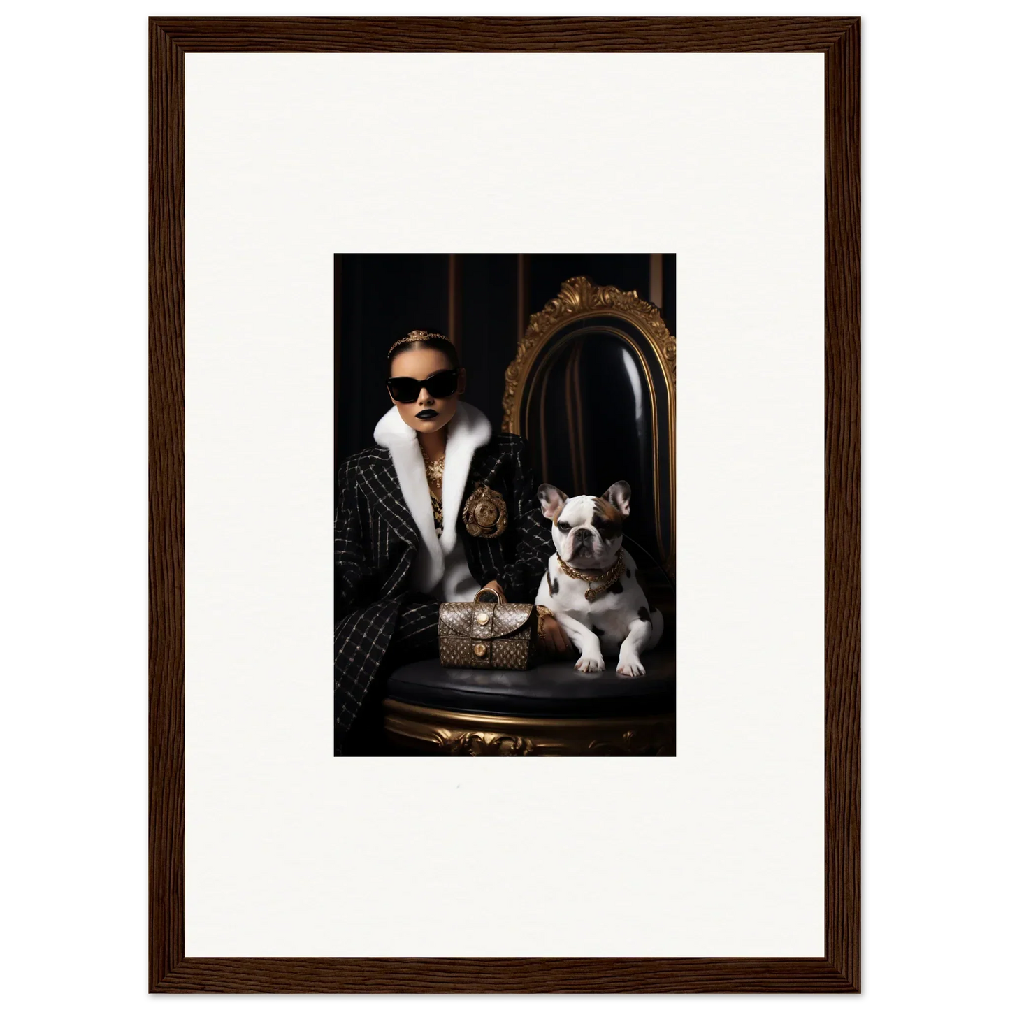 Framed portrait showcasing Nocturnal Bohemian Dialogue with chic sunglasses and French Bulldog