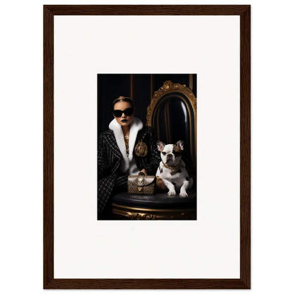 Framed portrait showcasing Nocturnal Bohemian Dialogue with chic sunglasses and French Bulldog