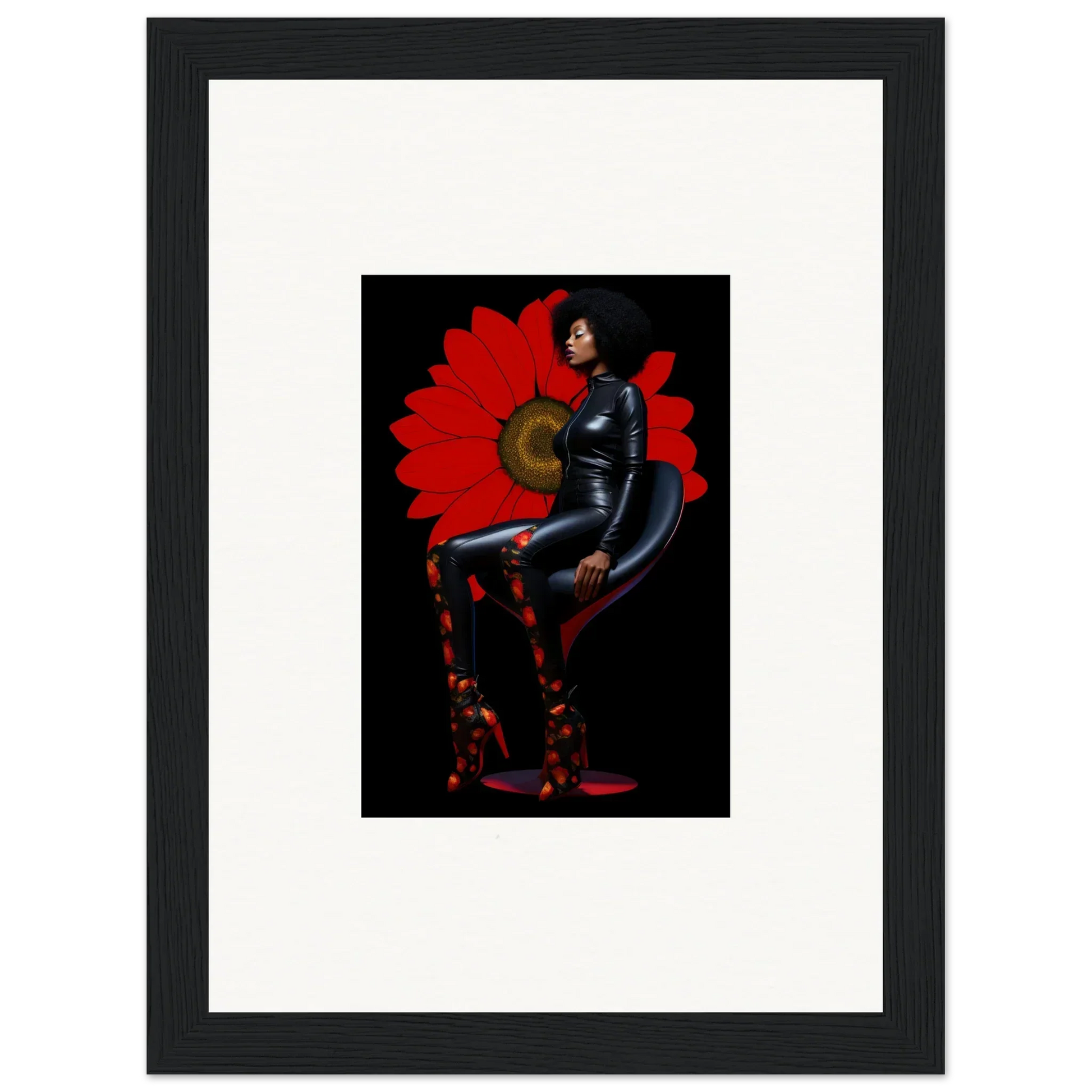 Framed canvas print of Petal Goddess in a black bodysuit against red floral backdrop