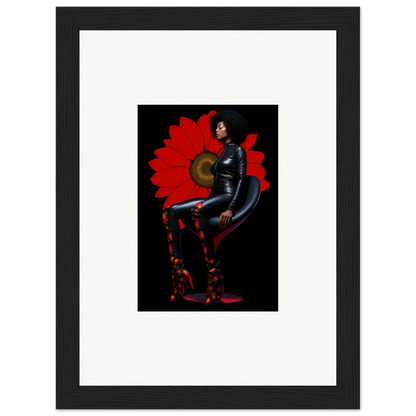 Framed canvas print of Petal Goddess in a black bodysuit against red floral backdrop