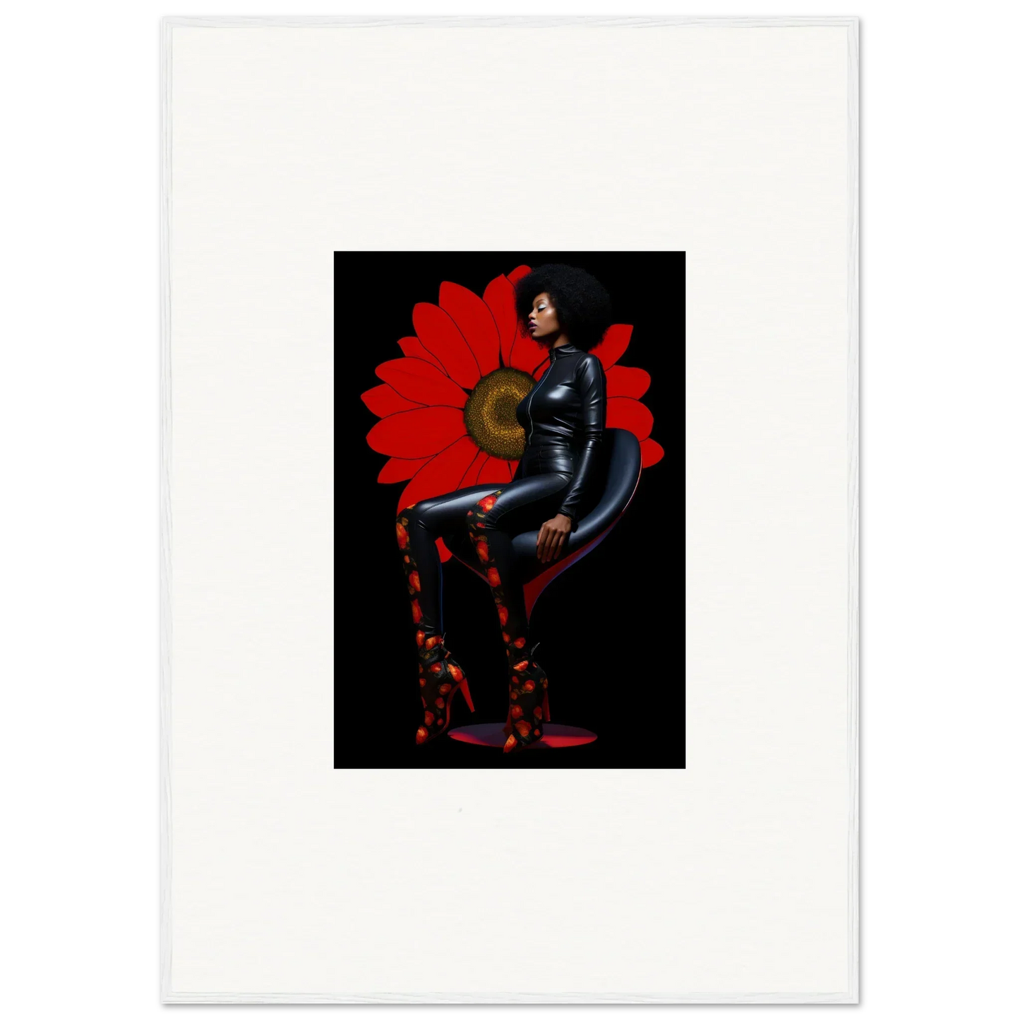 Dramatic figure in shiny black bodysuit, perfect for Petal Goddess canvas print decor