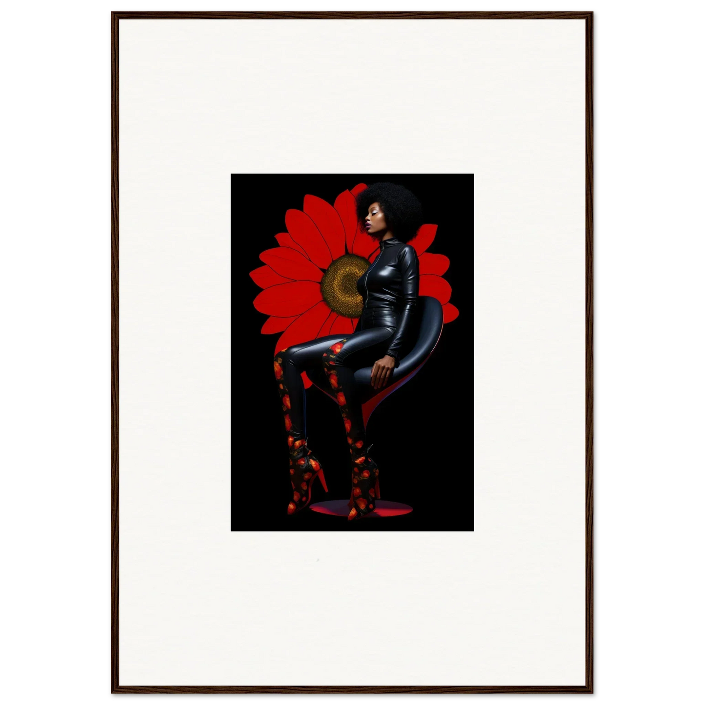 Stylized figure in shiny black outfit for a chic Petal Goddess canvas print