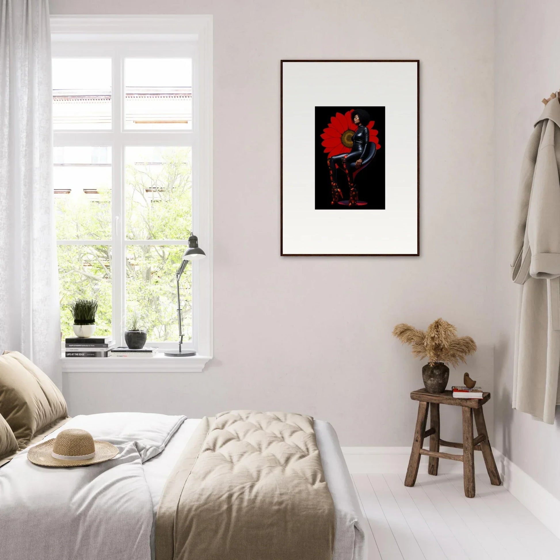 Framed canvas print of Noir Petal Goddess with dark figure and red background for room decoration