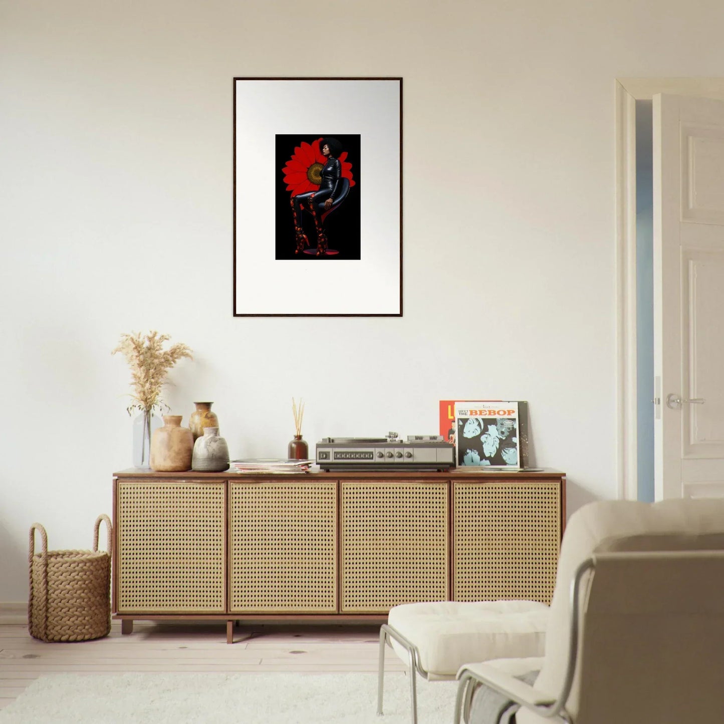 Wooden sideboard with cane doors and decor, perfect for showcasing Petal Goddess style