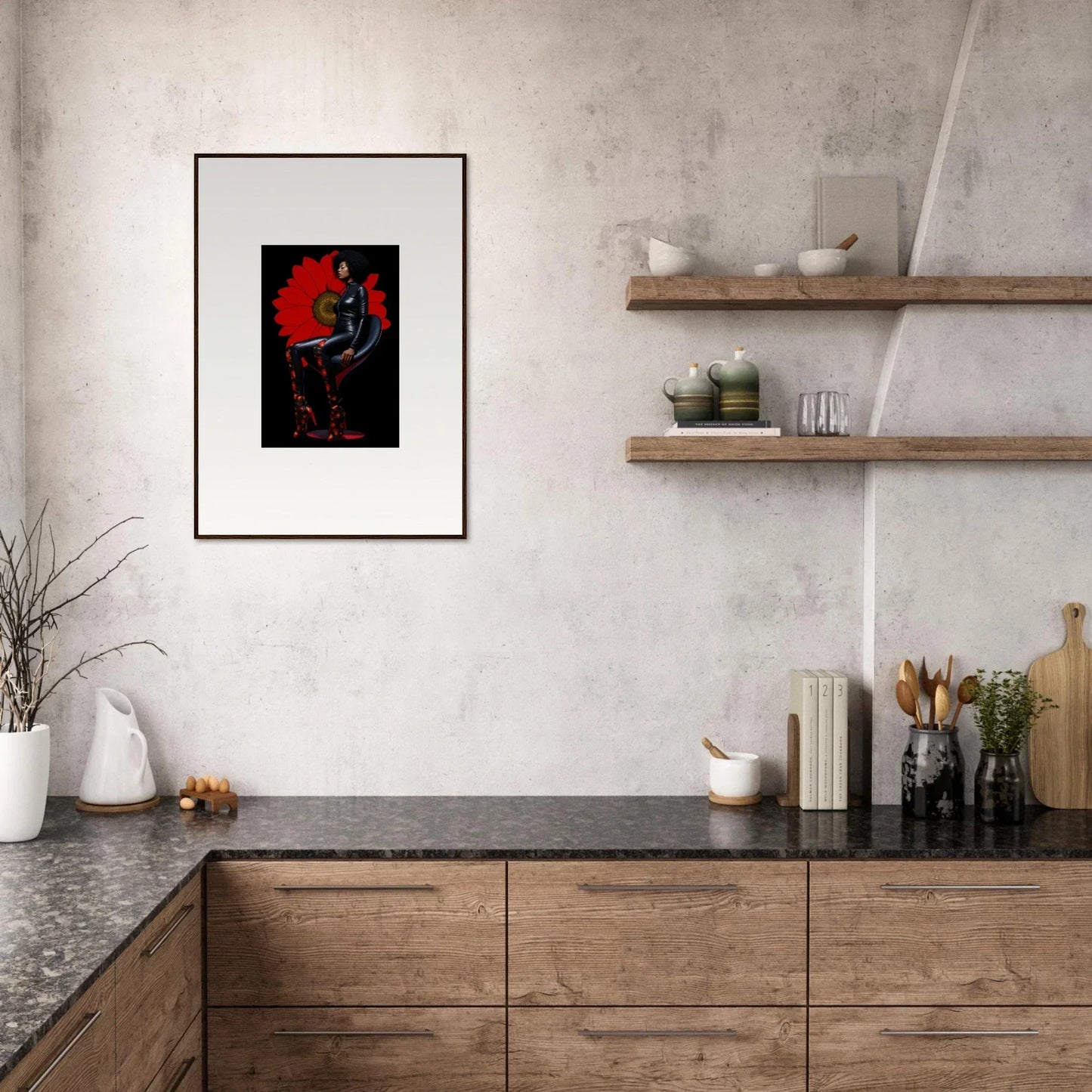 Framed canvas print of Petal Goddess in red and black for stylish room decoration