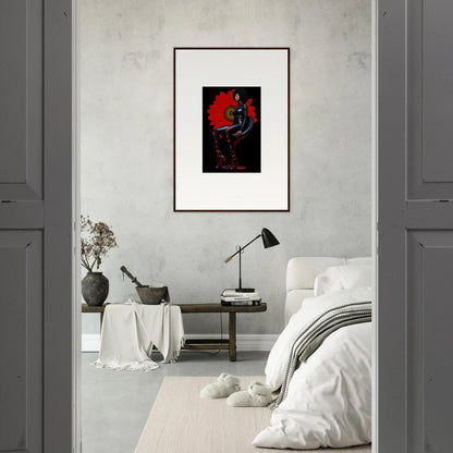 Framed canvas print of Noir Petal Goddess on a light wall for stylish room decoration