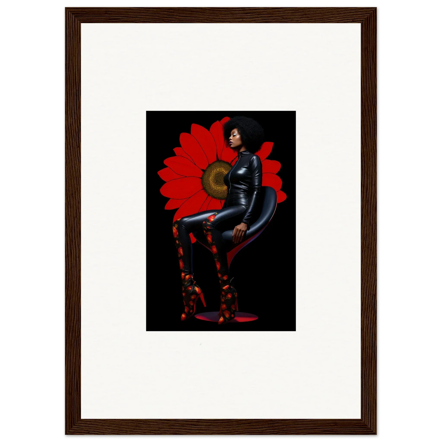 Framed Canvas Print of Petal Goddess Seated Against a Red Floral Backdrop for Room Decoration