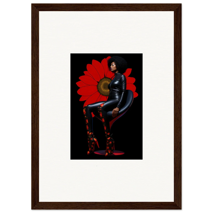 Framed Canvas Print of Petal Goddess Seated Against a Red Floral Backdrop for Room Decoration