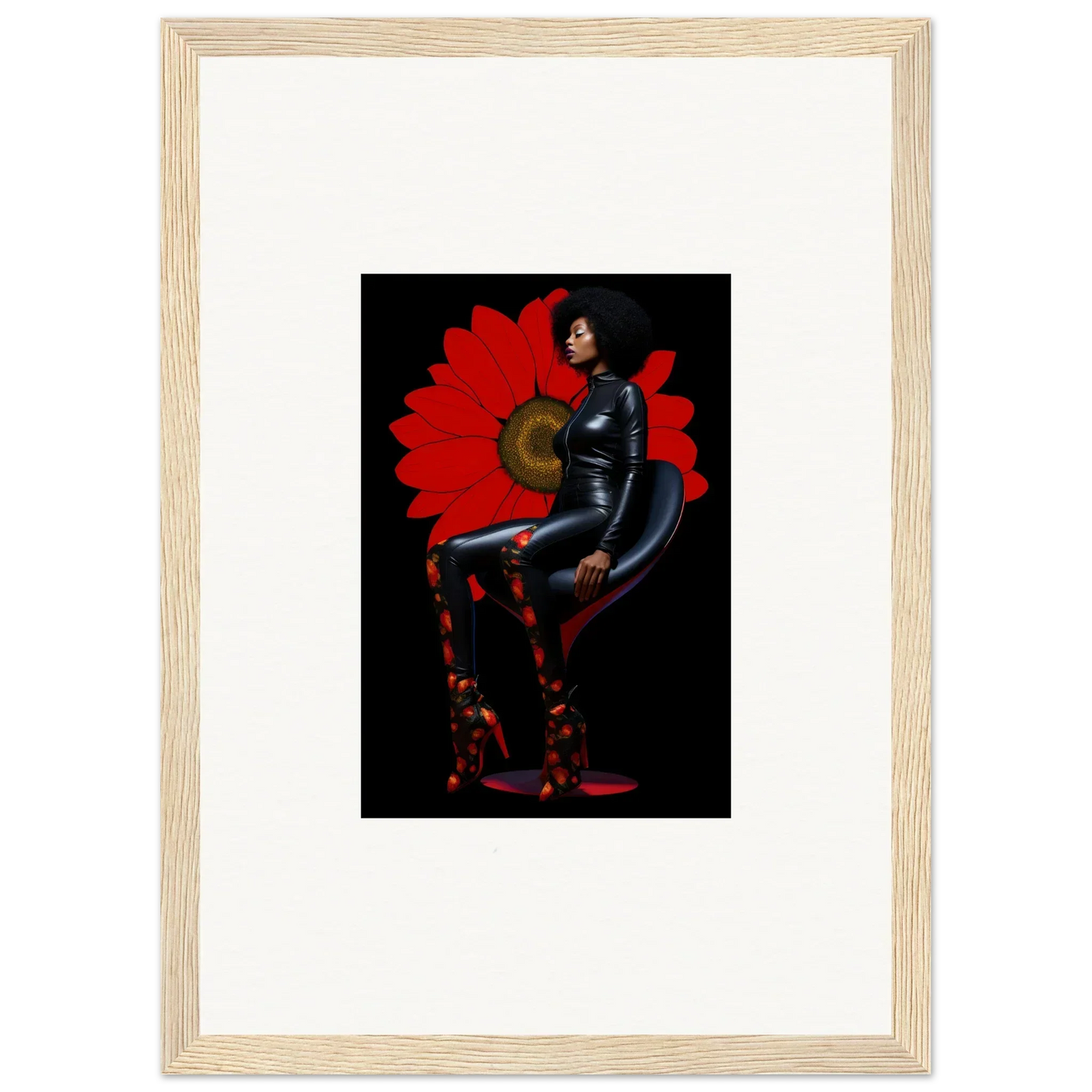 Framed canvas print of a Noir Petal Goddess in black against a bold red background