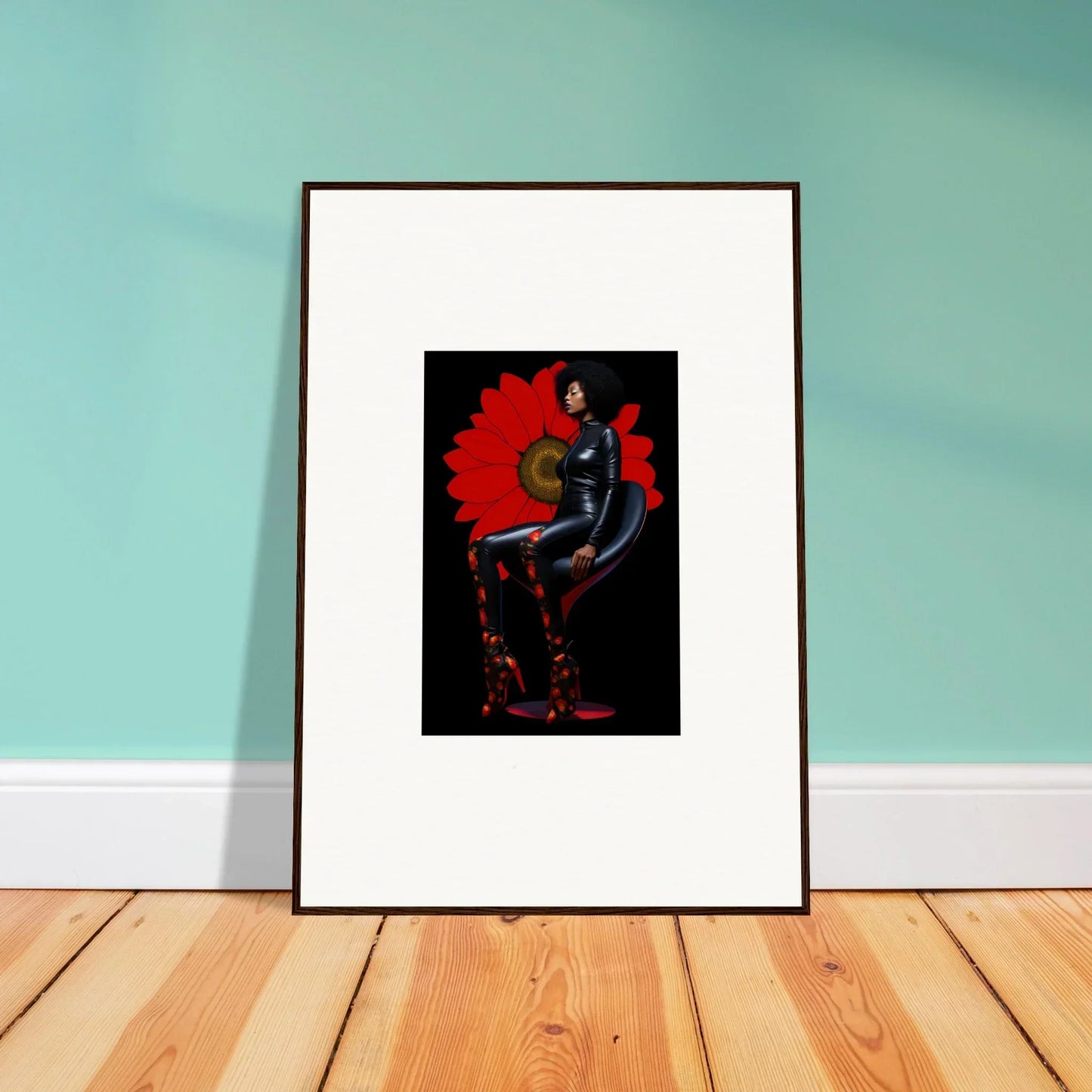 Framed canvas print of Noir Petal Goddess with a vibrant red fan for room decoration