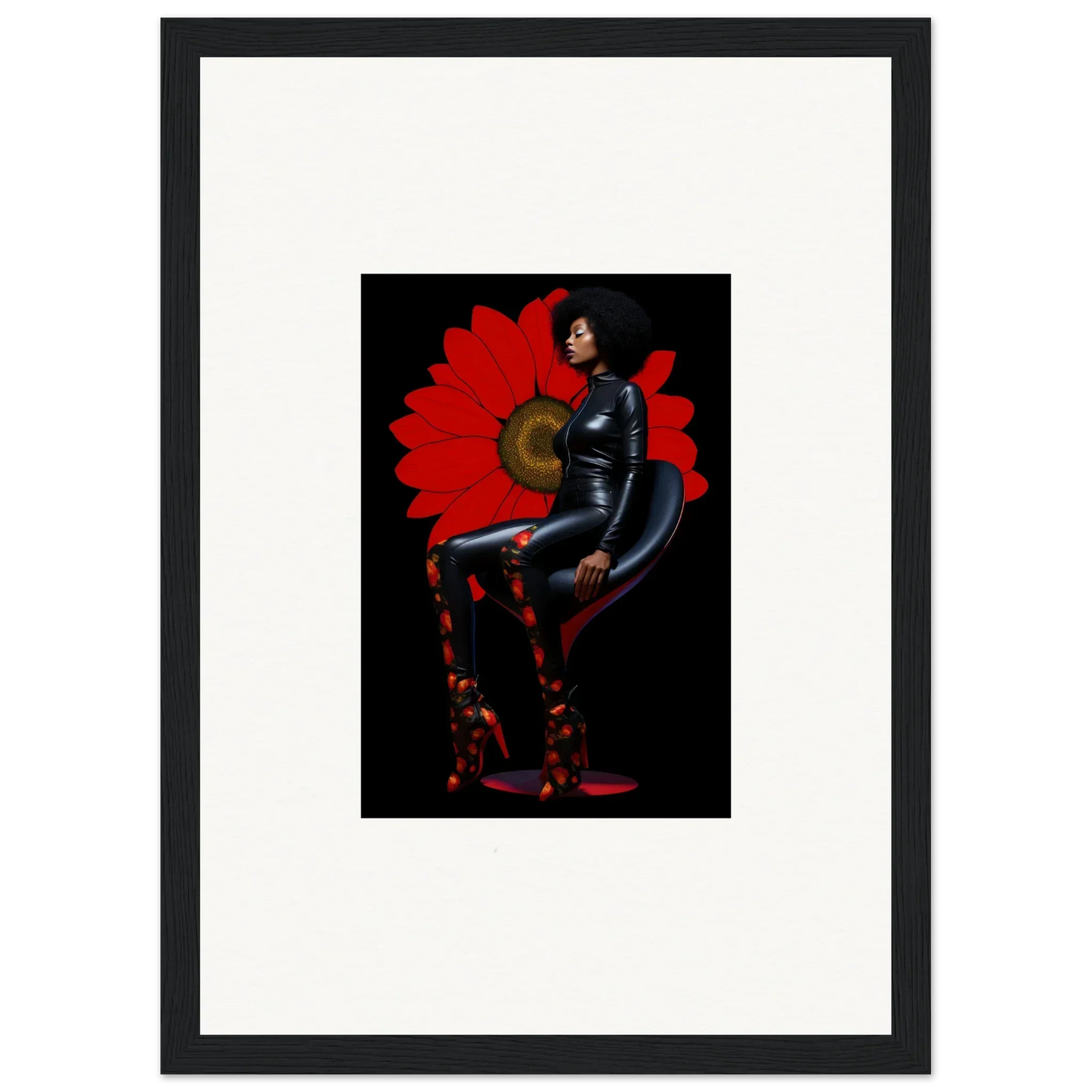 Framed canvas print of a dramatic petal goddess in a black bodysuit for room decoration