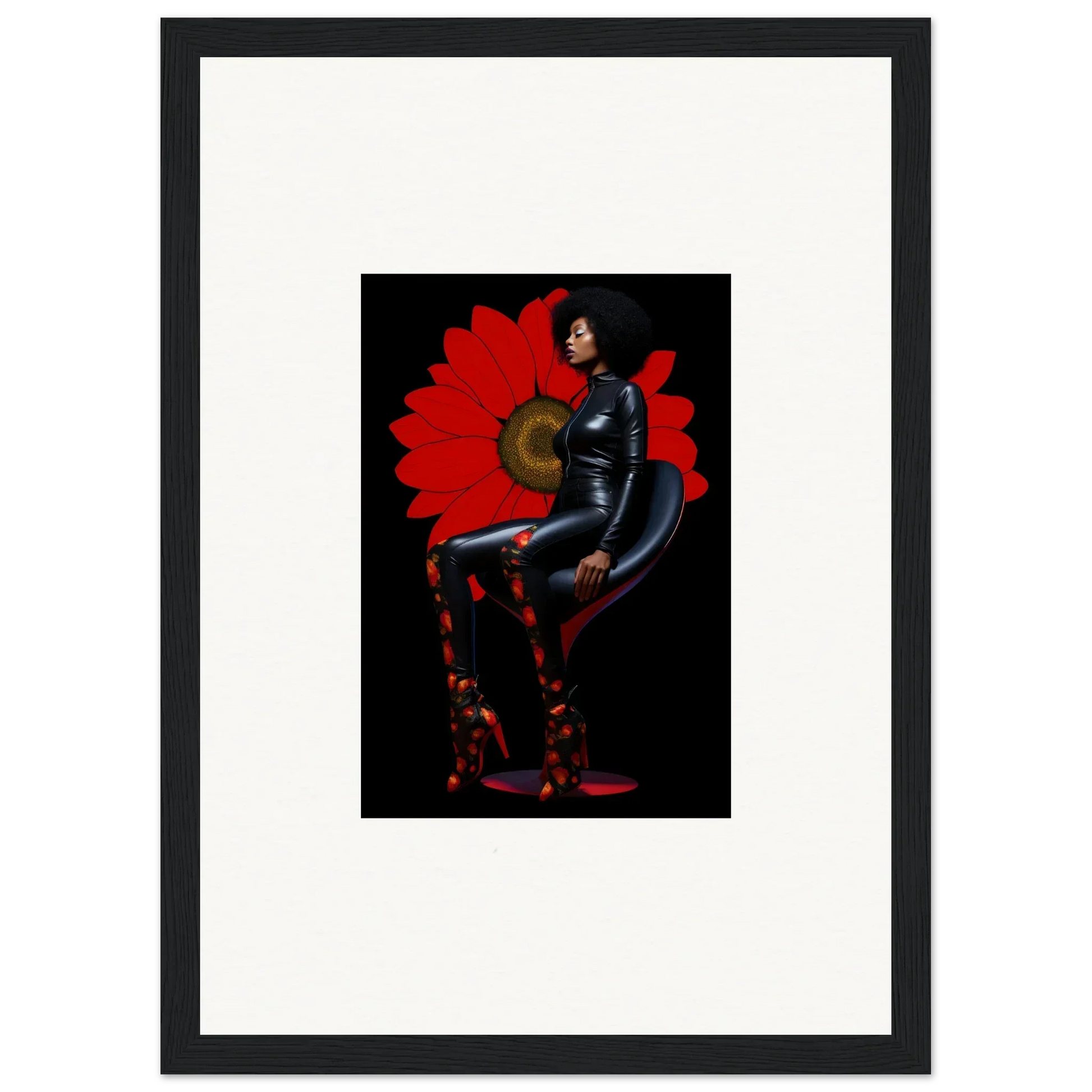 Framed canvas print of a dramatic petal goddess in a black bodysuit for room decoration