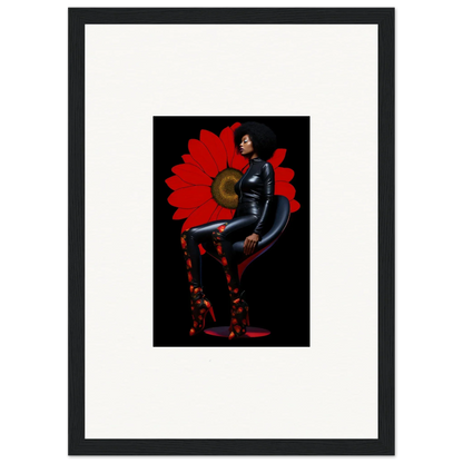 Framed canvas print of a dramatic petal goddess in a black bodysuit for room decoration