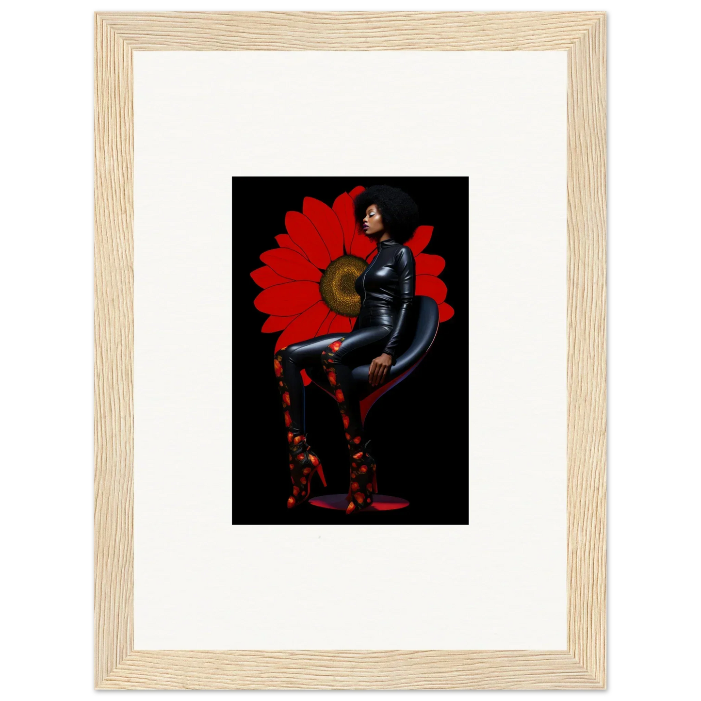 Framed canvas print of the Petal Goddess in a black bodysuit with floral backdrop