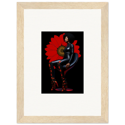 Framed canvas print of the Petal Goddess in a black bodysuit with floral backdrop