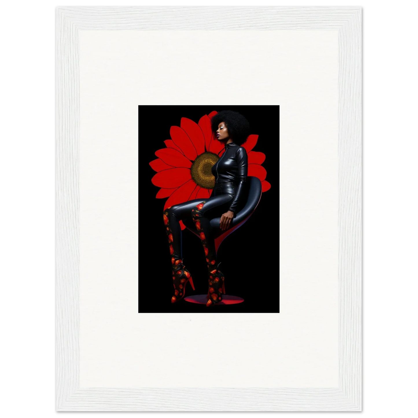 Framed canvas print of Petal Goddess in a black bodysuit on a bold red backdrop