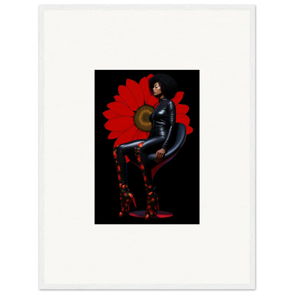 Dramatic figure in blue bodysuit and red boots for a Petal Goddess canvas print