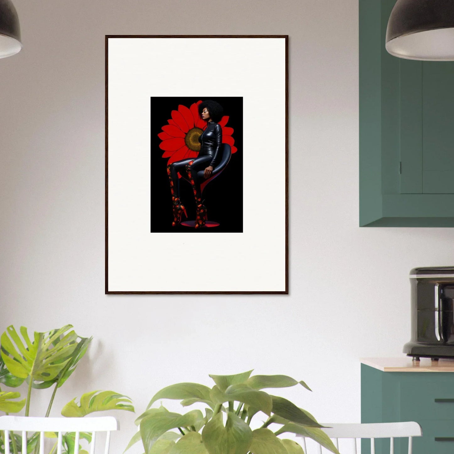 Framed canvas print of Petal Goddess in a vibrant red headdress for stylish room decoration