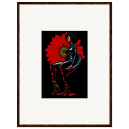 Dramatic pose in tight black outfit on red, perfect for a Petal Goddess canvas print