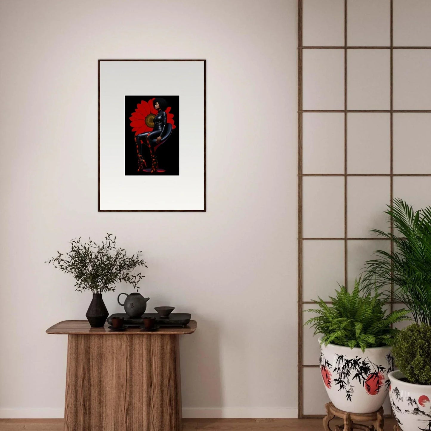 Framed canvas print of Noir Petal Goddess, a dark figure on a bold red background