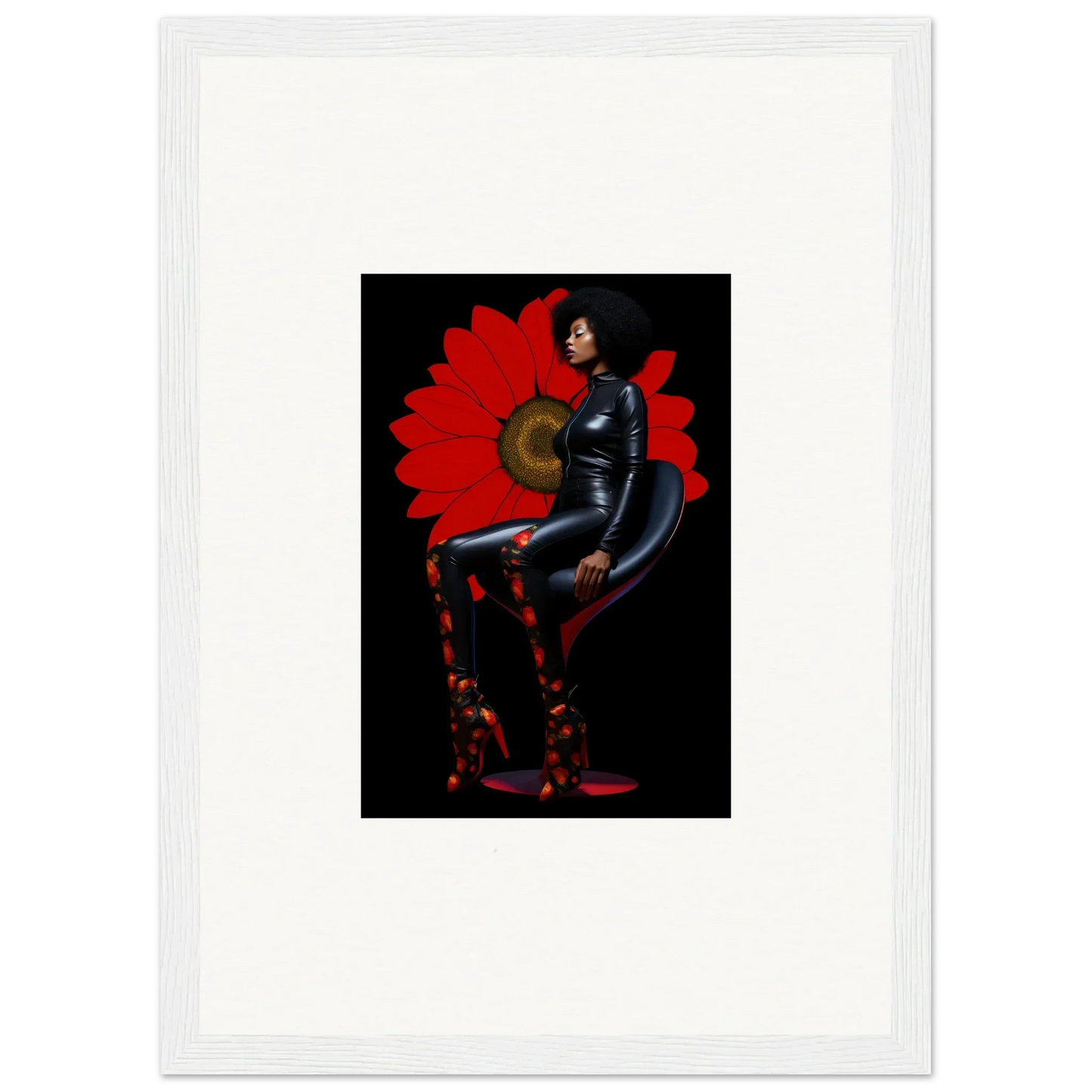 Figure in black bodysuit and red boots, perfect for a Petal Goddess canvas print