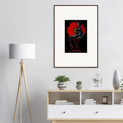 Framed canvas print of Noir Petal Goddess with dark silhouette on red background