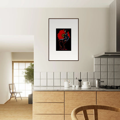 Framed canvas print of Noir Petal Goddess with a dark figure and bold red background