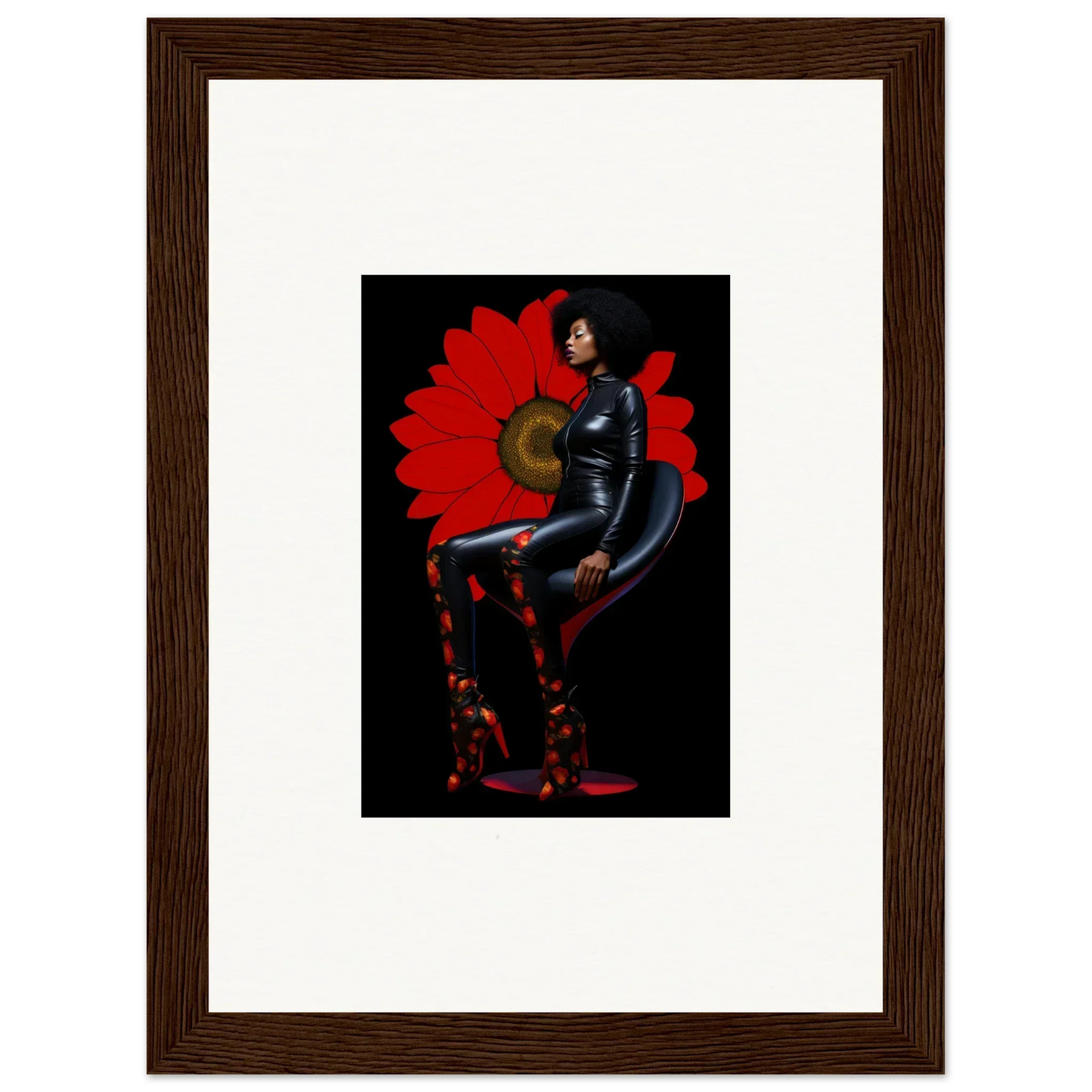 Framed canvas print of Petal Goddess in a black bodysuit for cool room decoration