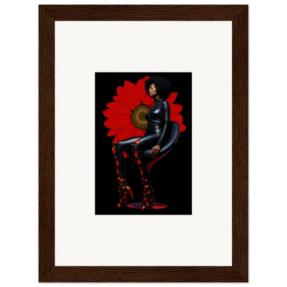 Framed canvas print of Petal Goddess in a black bodysuit for cool room decoration