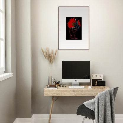 Minimalist home office with wooden desk, computer, and Petal Goddess canvas print