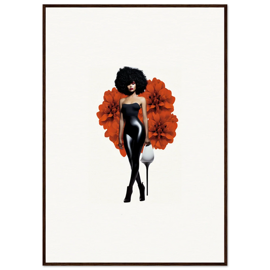 Stylized woman in a black dress against a vibrant orange floral backdrop, perfect for petal illusions room decoration