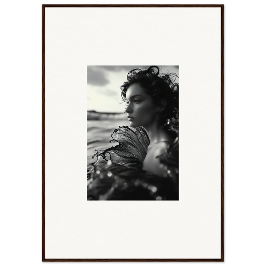 Black and white profile of a person with curly hair, perfect for Sea Reverie room decoration