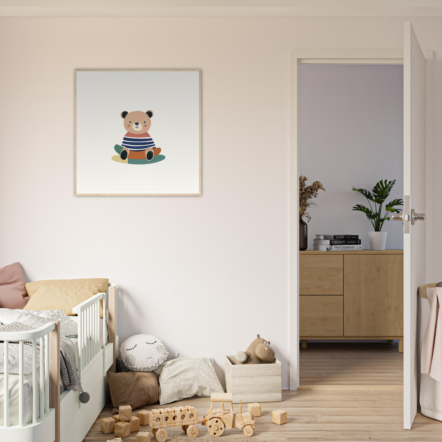 Framed illustration of a cartoon bear in a striped shirt for Nostalgic Teddy Reverie
