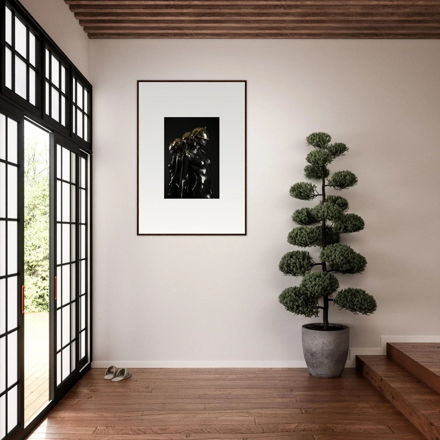 Framed photograph of a dark bird with water droplets on its feathers.