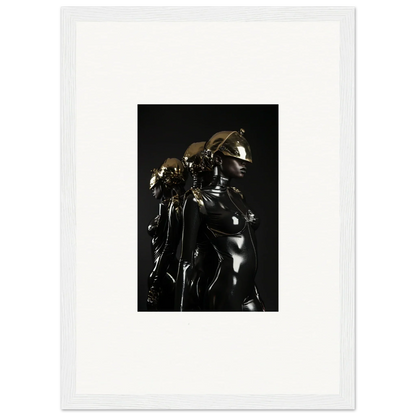 Dark, metallic sculpture with flowing, organic forms resembling a figure in motion.