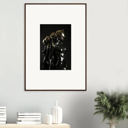 Framed black and white photograph of wilting sunflowers.