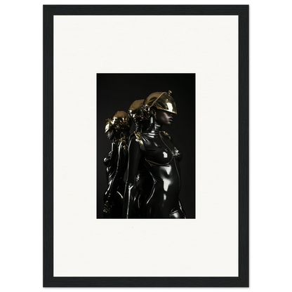 Framed black-and-white photograph of a shiny metallic sculpture or figure.